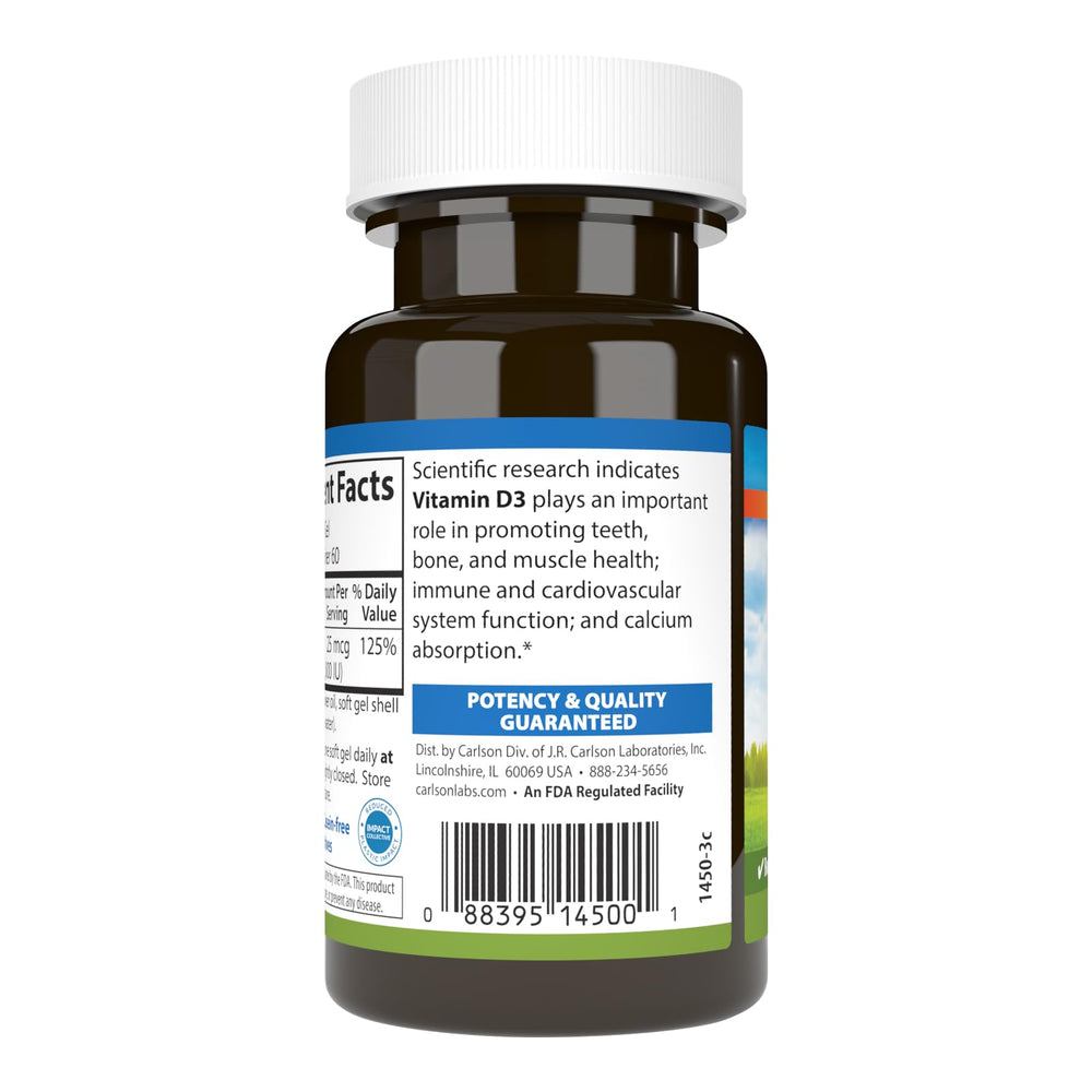 Carlson Vitamin D3 softgels inside bottle ready for daily use.