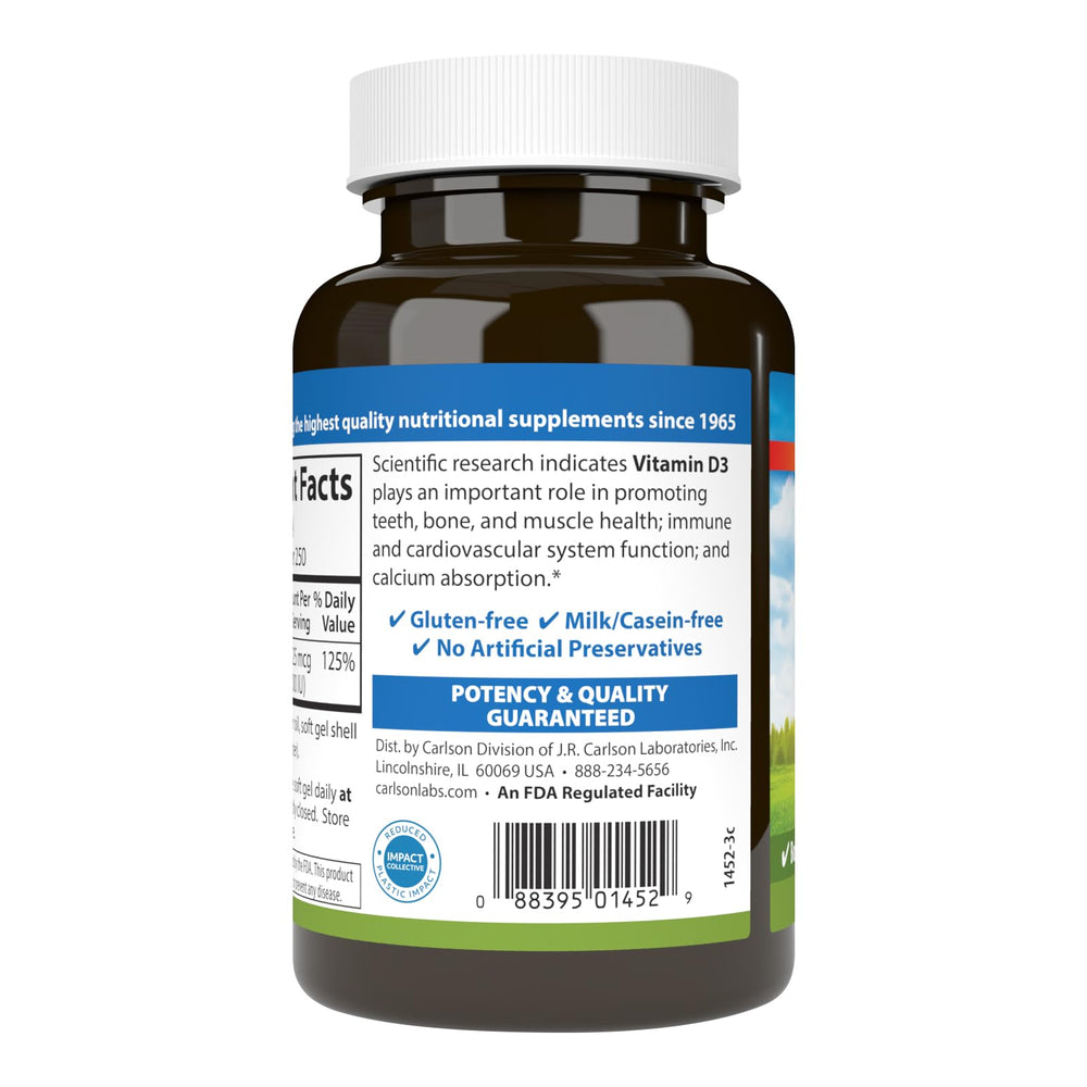 Carlson Vitamin D3 softgels label closeup with dosage and potency details.