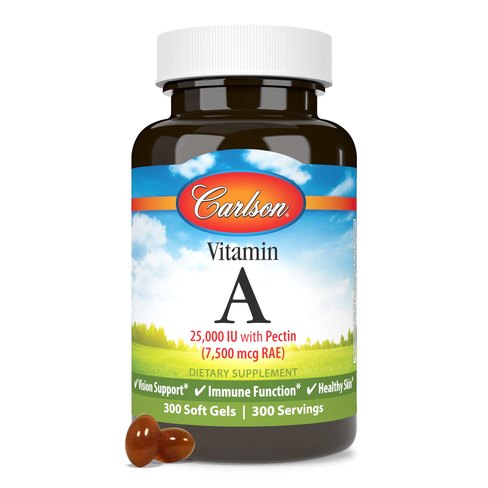 Carlson Vitamin E softgel detail showing 100 IU natural E.