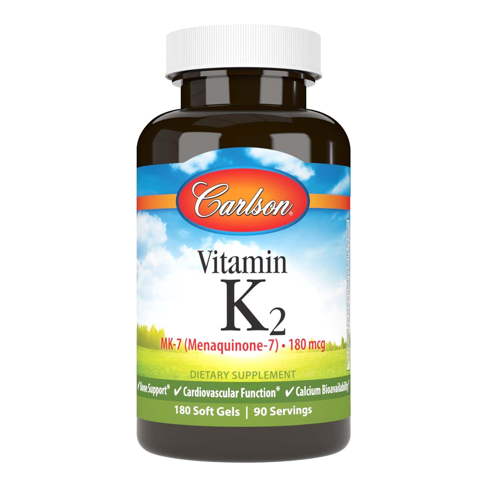 Carlson Vitamin K2 MK-7 softgel bottle front shows product branding