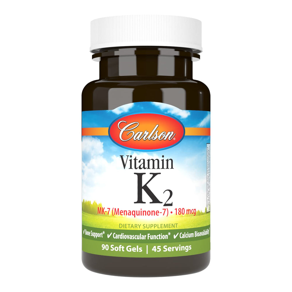 Carlson Vitamin K2 MK-7 softgel delivers 180 mcg for bone support and calcium use.