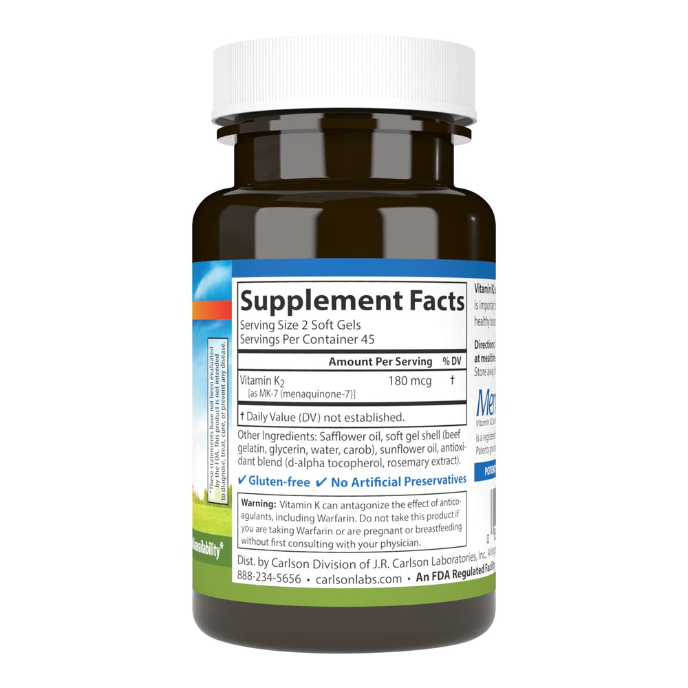 Carlson K2 MK-7 bottle shows pour-ready packaging and easy-to-swallow softgels.