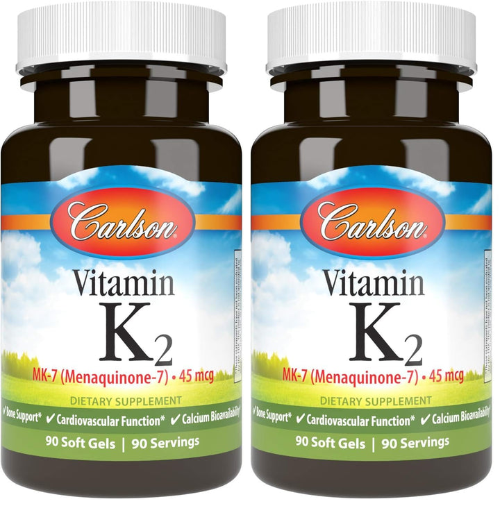 Carlson Vitamin K2 MK-7 bottle close-up highlighting MenaQ7 for bone support.