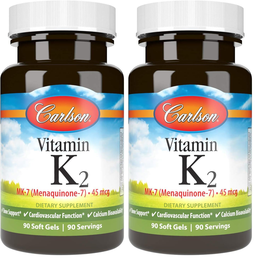 Carlson Vitamin K2 MK-7 bottle close-up highlighting MenaQ7 for bone support.