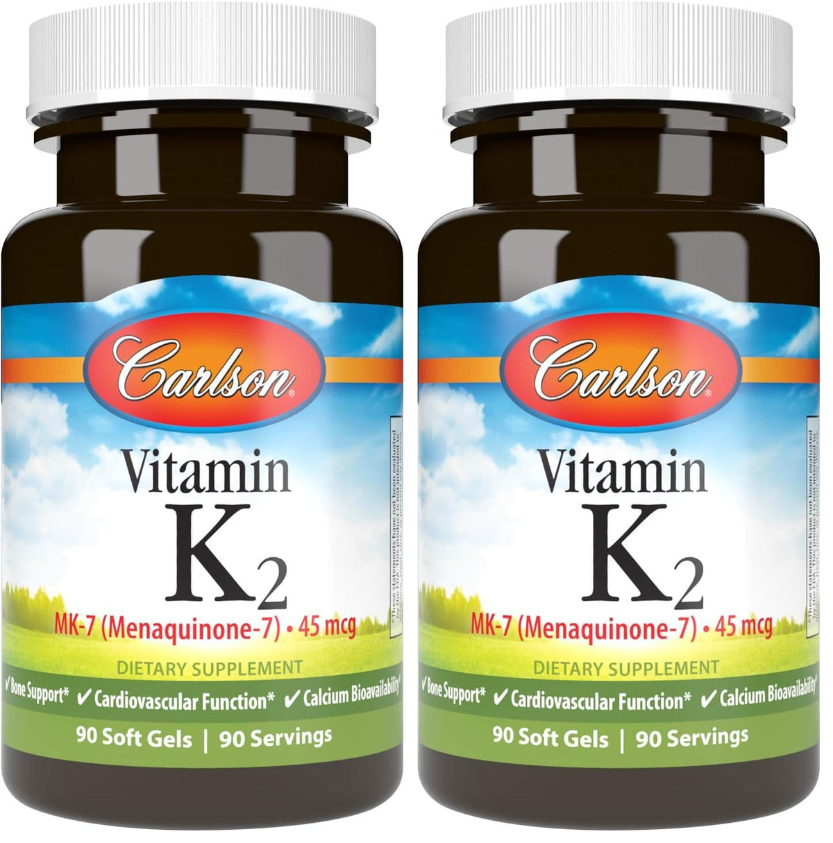 Carlson Vitamin K2 MK-7 bottle close-up highlighting MenaQ7 for bone support.