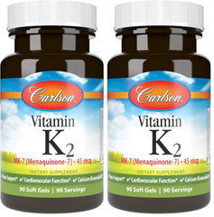 Carlson Vitamin K2 MK-7 bottle close-up highlighting MenaQ7 for bone support.