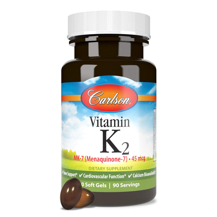 FDA-registered lab testing badge on Carlson Vitamin K2 MK-7 bottle.