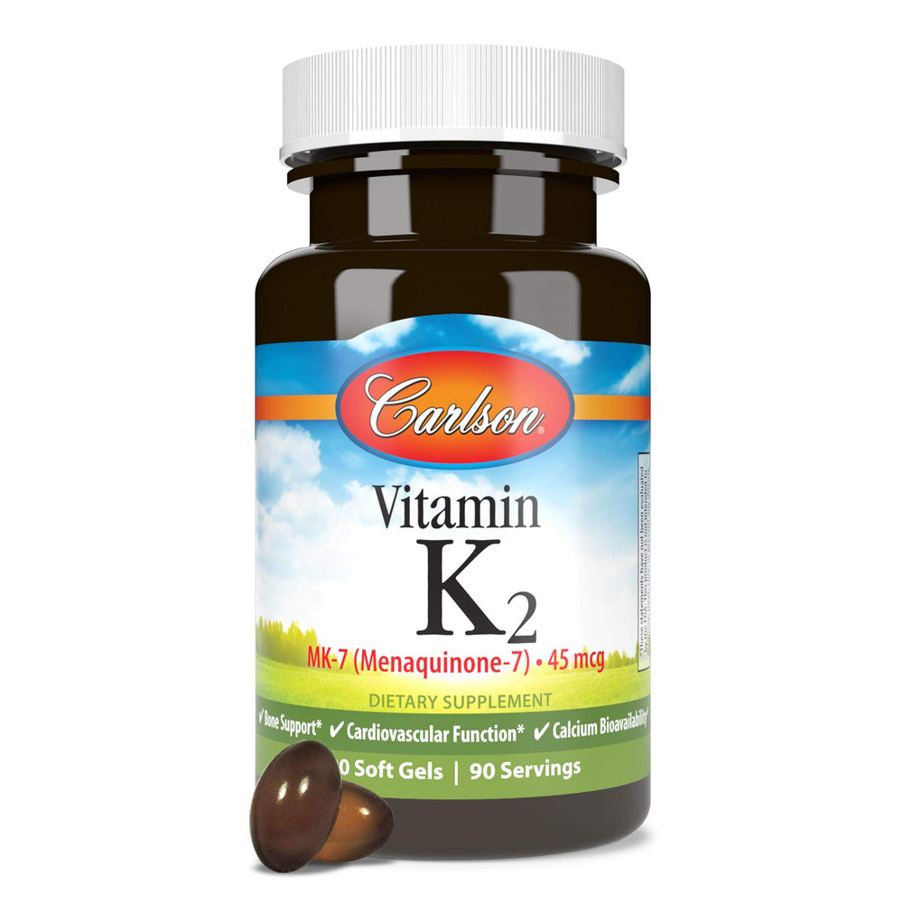 FDA-registered lab testing badge on Carlson Vitamin K2 MK-7 bottle.