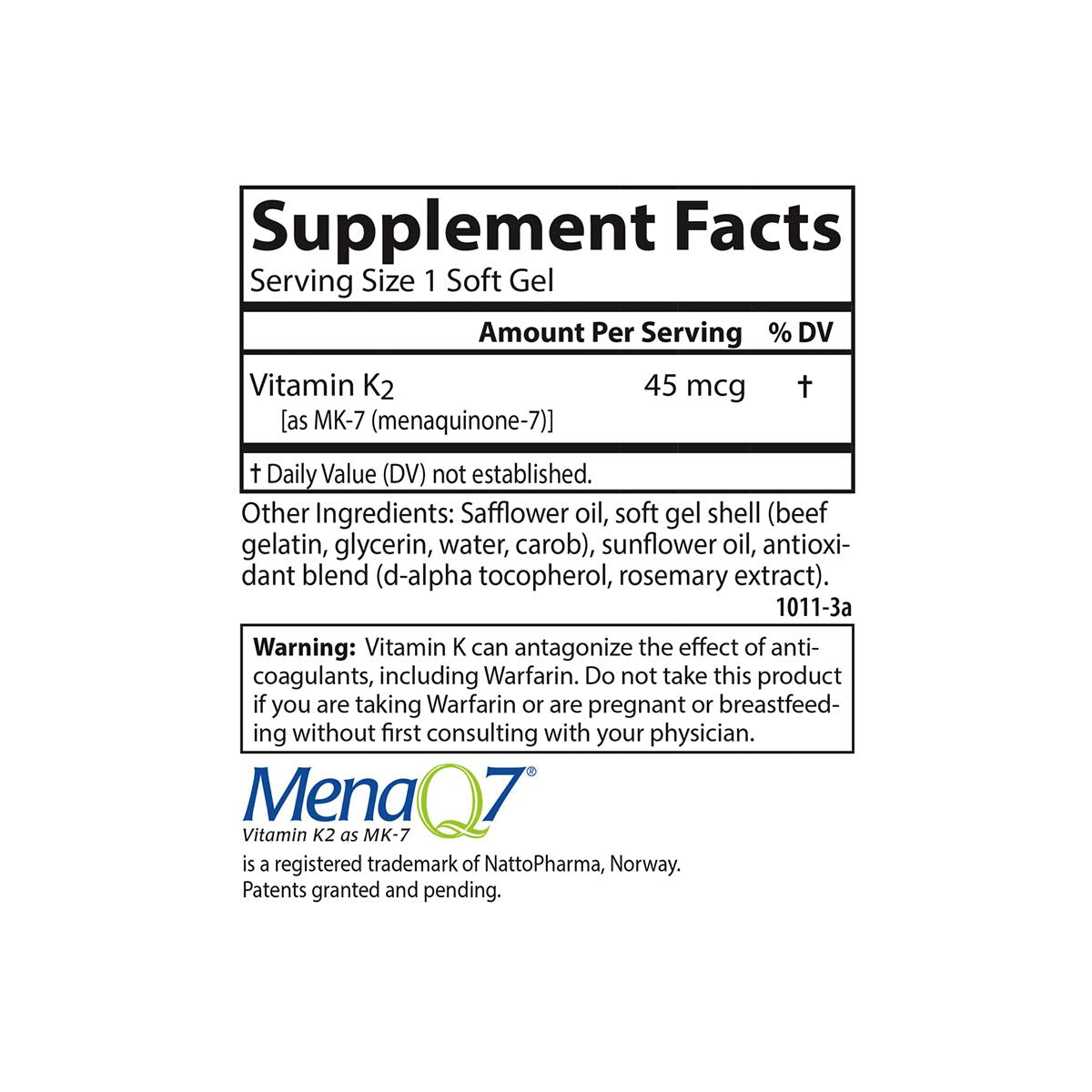 Carlson K2 MK-7 label detail showing 45 mcg per softgel.