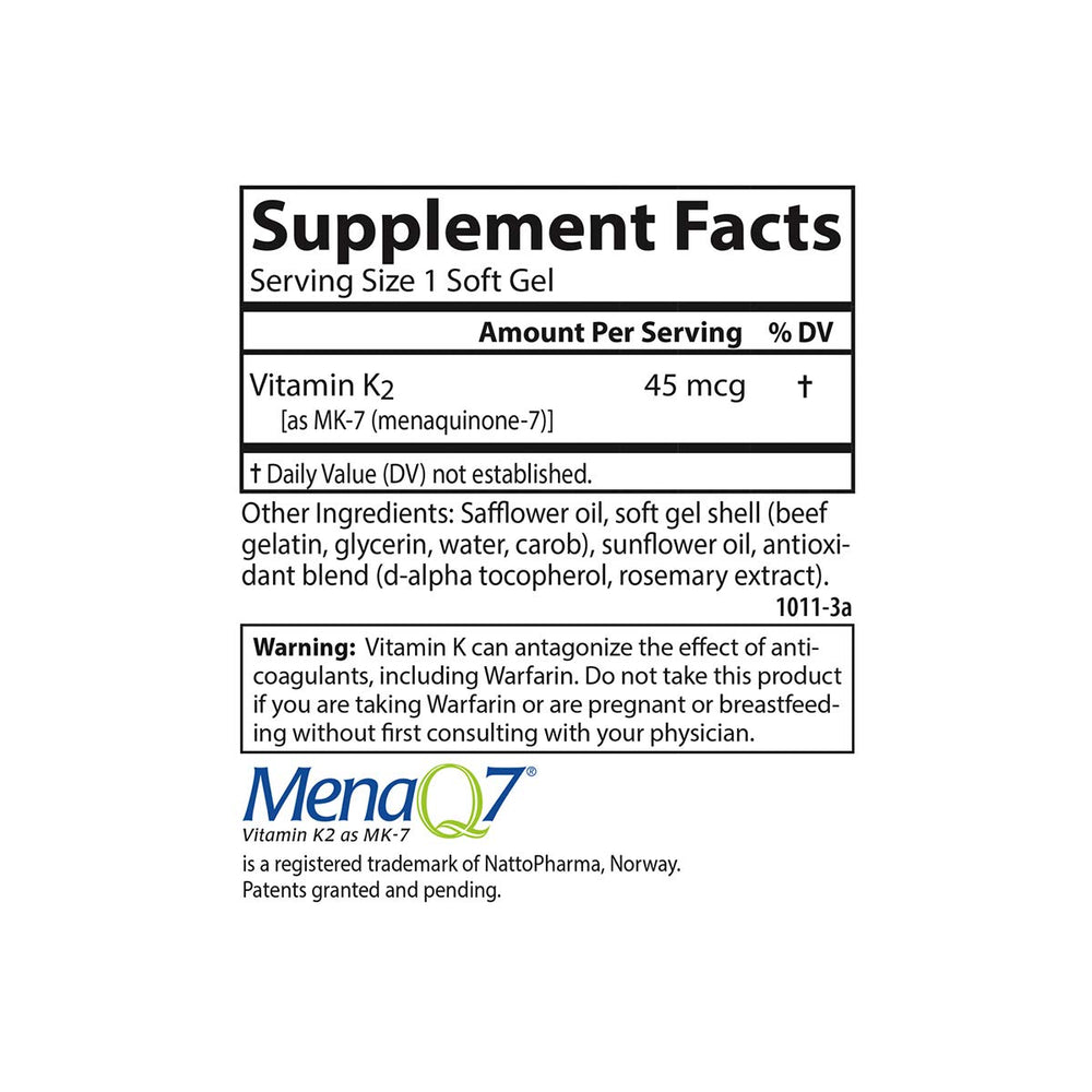 Carlson K2 MK-7 label detail showing 45 mcg per softgel.