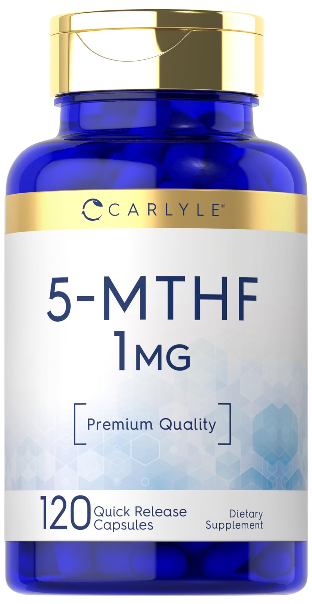 Carlyle 5-MTHF bottle front signaling premium, non-GMO, gluten-free supplement for daily wellness.