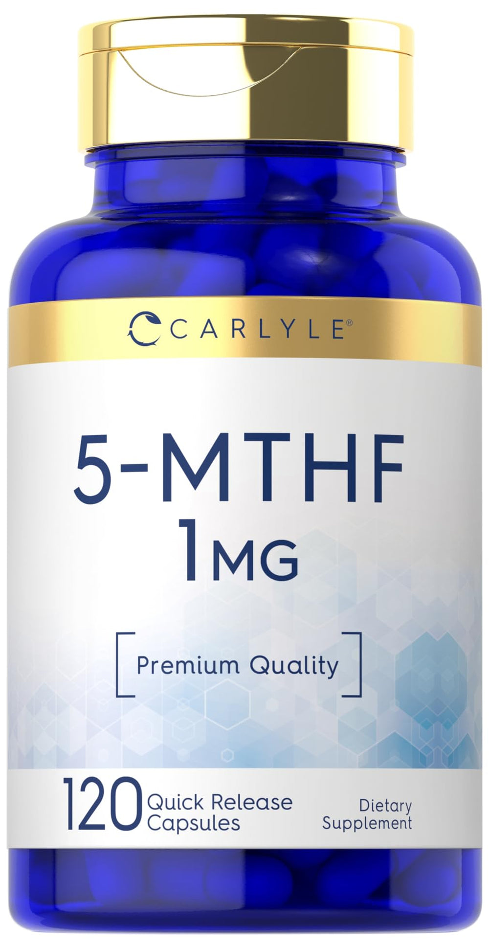 Carlyle 5-MTHF bottle front signaling premium, non-GMO, gluten-free supplement for daily wellness.