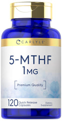 Carlyle 5-MTHF bottle front signaling premium, non-GMO, gluten-free supplement for daily wellness.