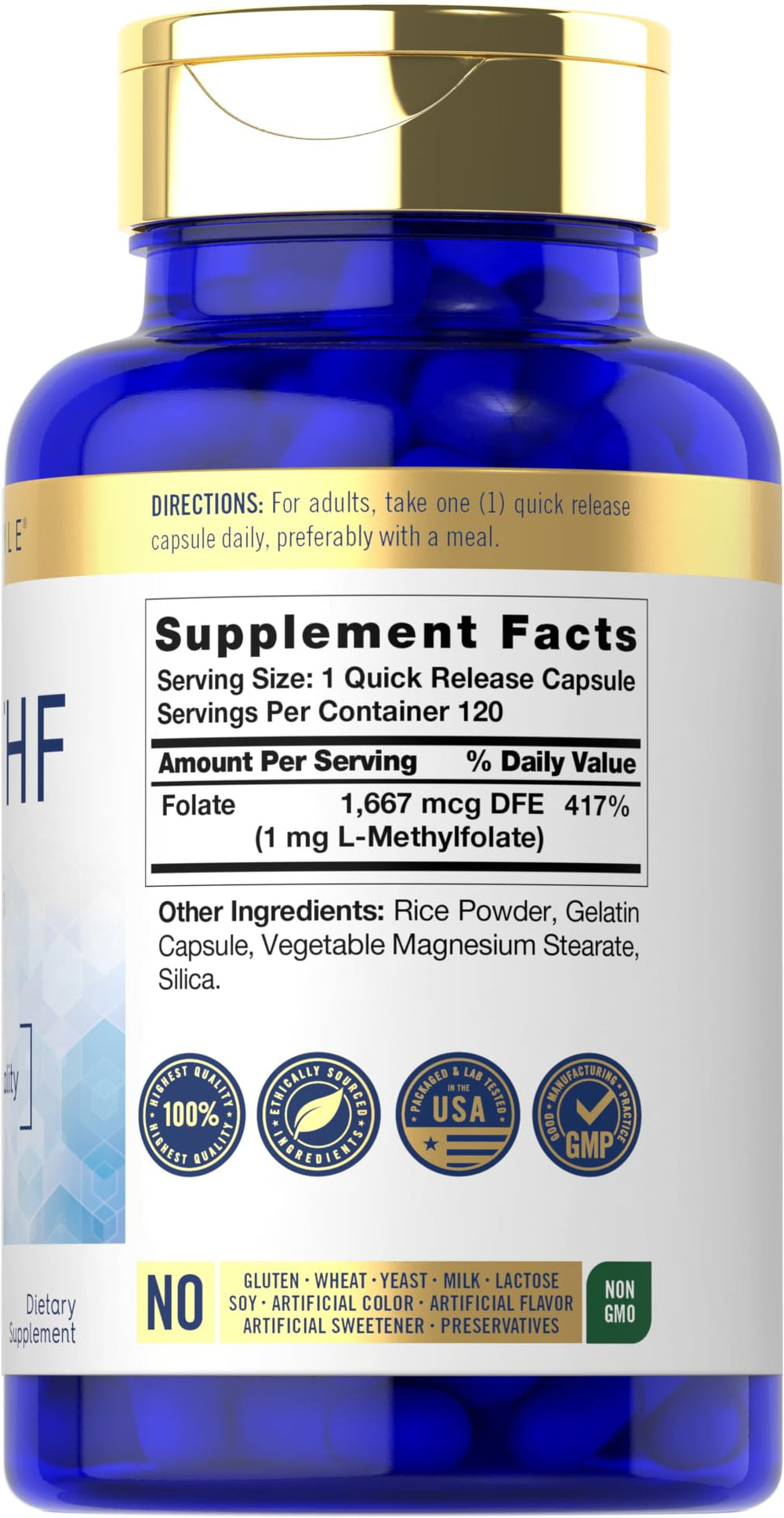 Carlyle 5-MTHF capsules show a 1 mg L-Methylfolate dose for daily use.