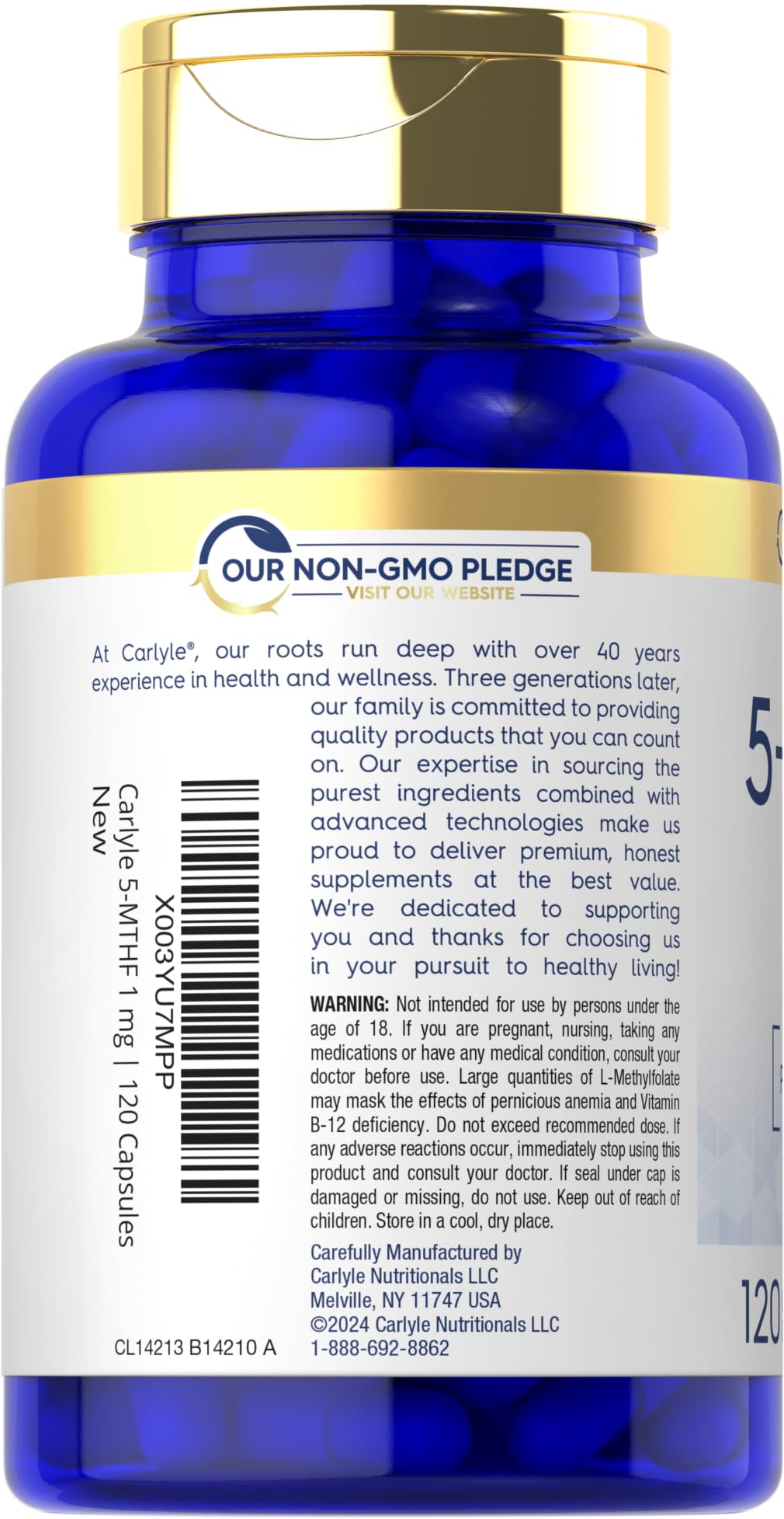 Carlyle 5-MTHF label close-up highlights allergen-free and non-GMO commitments.
