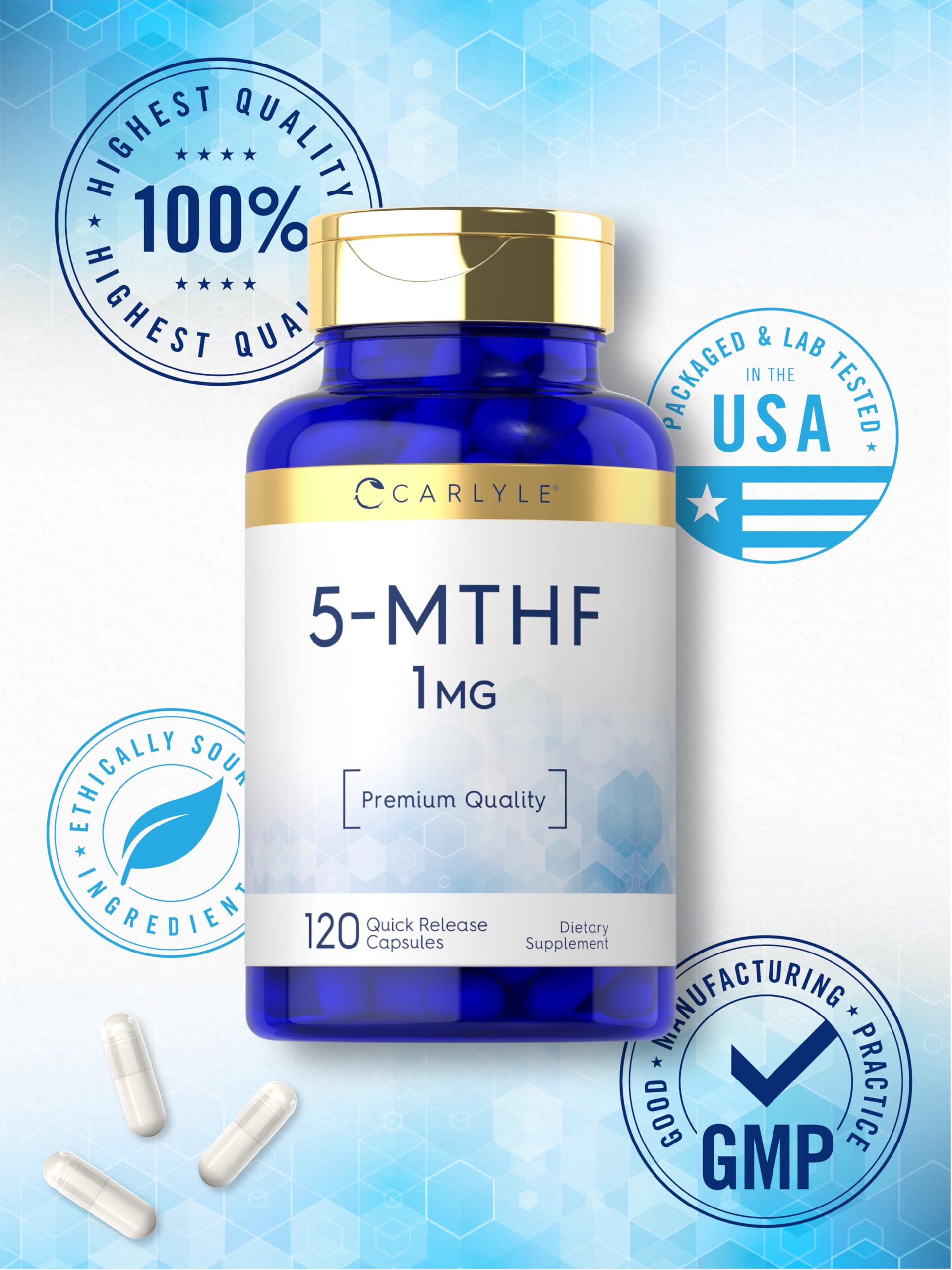 Carlyle 5-MTHF non-GMO stamp reinforces clean labeling.