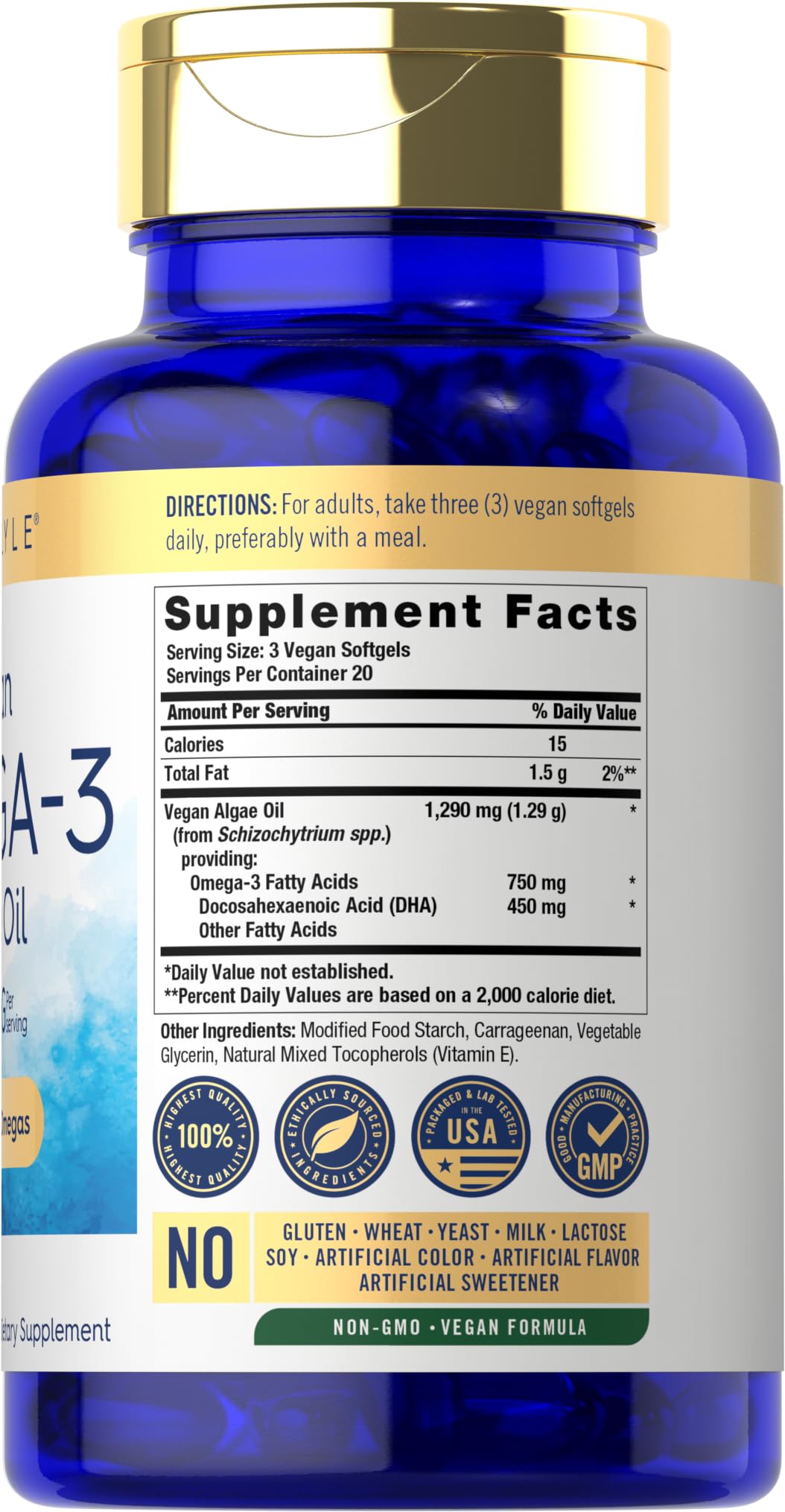 Carlyle algae-oil DHA softgel close-up ideal for vegetarian omega-3 intake.