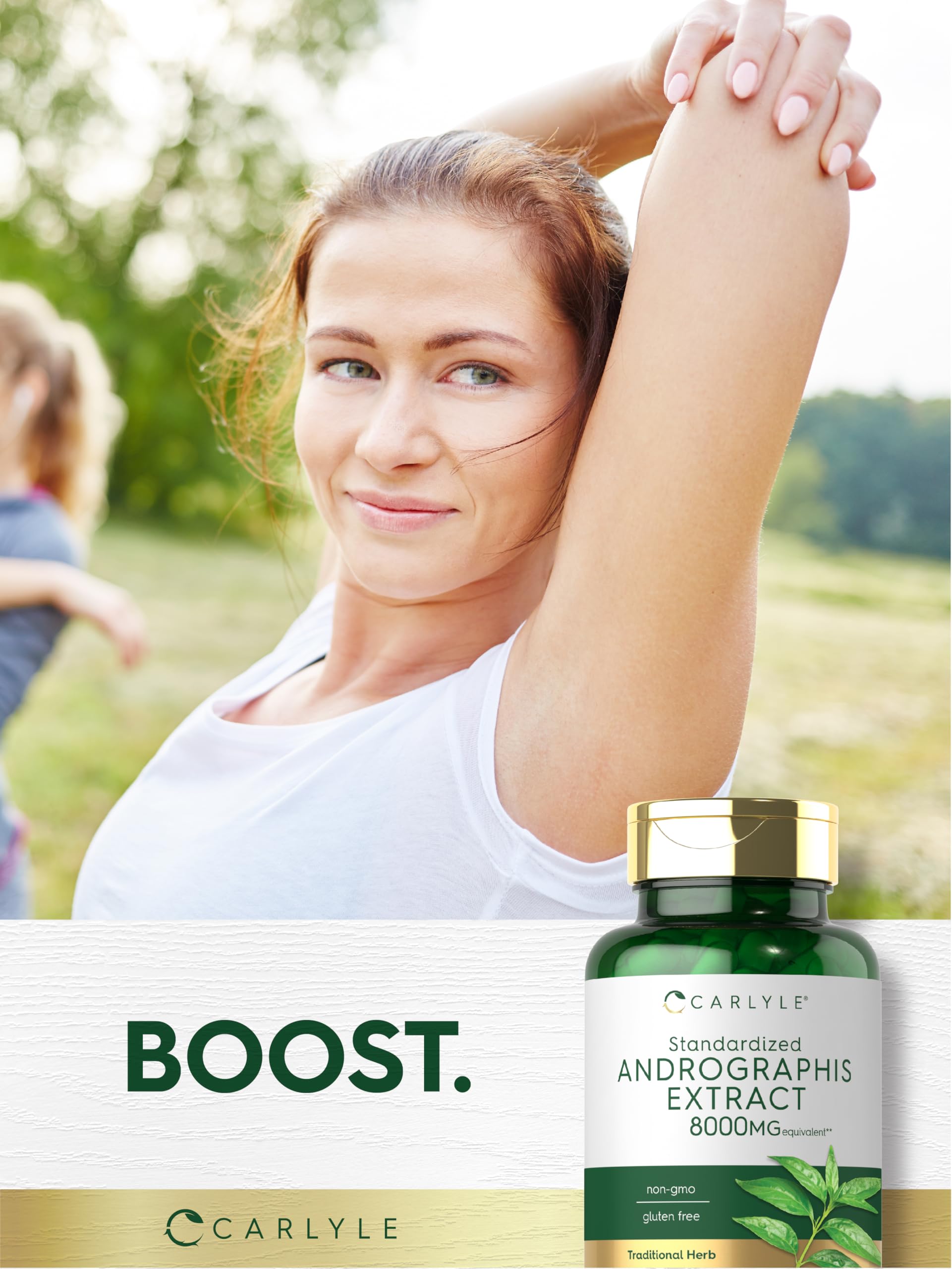 Carlyle Andrographis packaging exhibits gluten-free and non-GMO attributes.