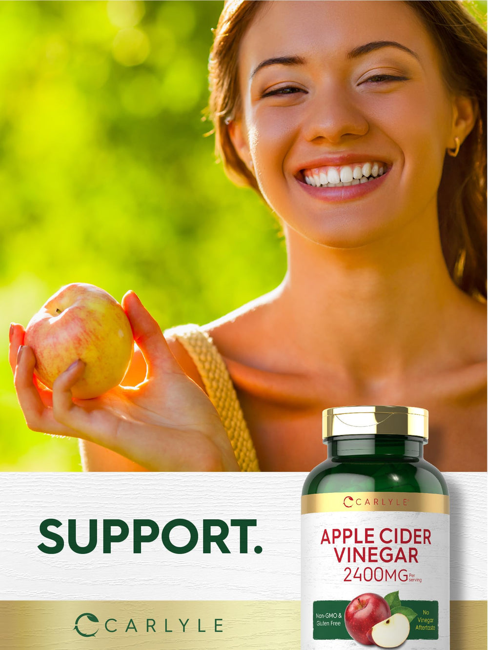 Carlyle Apple Cider Vinegar capsules being poured — on-the-go daily use.