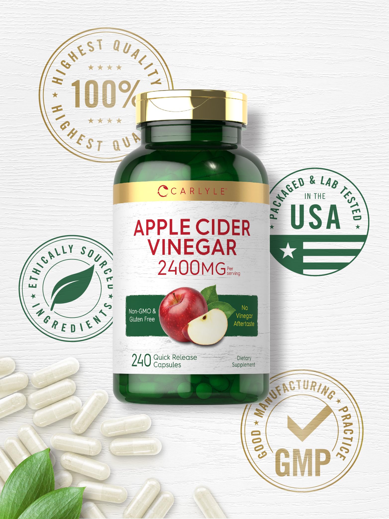 Carlyle Apple Cider Vinegar capsules seal — fresh, quality assurance.