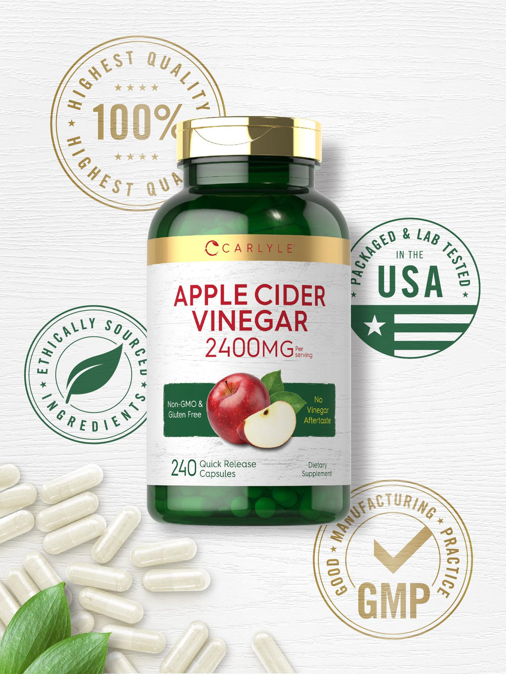 Carlyle Apple Cider Vinegar capsules seal — fresh, quality assurance.