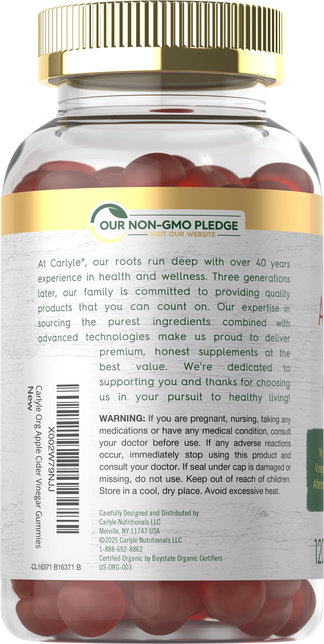 Carlyle Apple Cider Vinegar Gummies ingredients label shows pectin-based vegan formula.