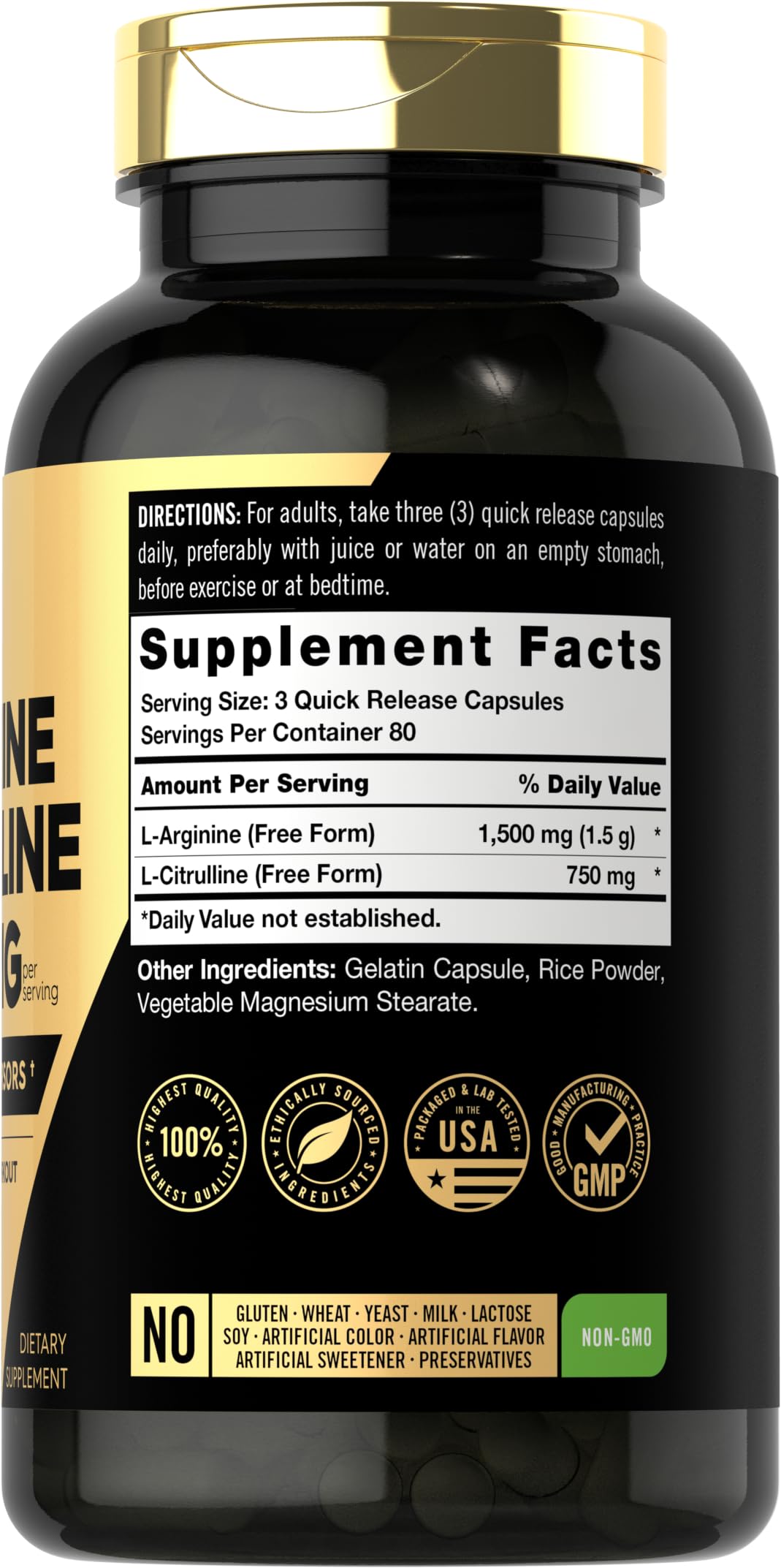 Carlyle L-Arginine L-Citrulline bottle label close-up highlighting non-GMO and gluten-free