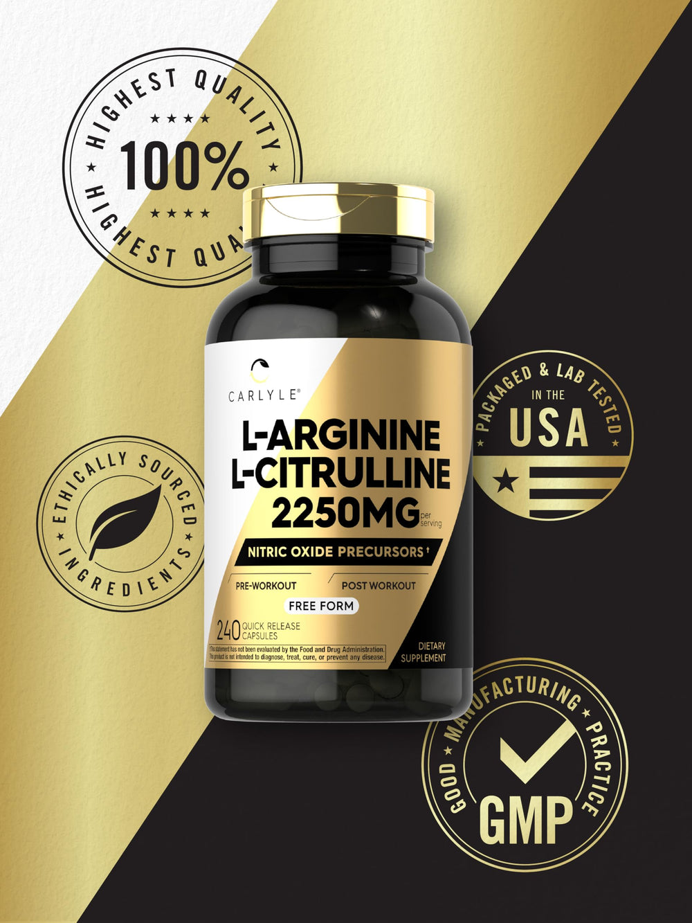 Carlyle L-Arginine L-Citrulline with non-GMO and gluten-free seals emphasized