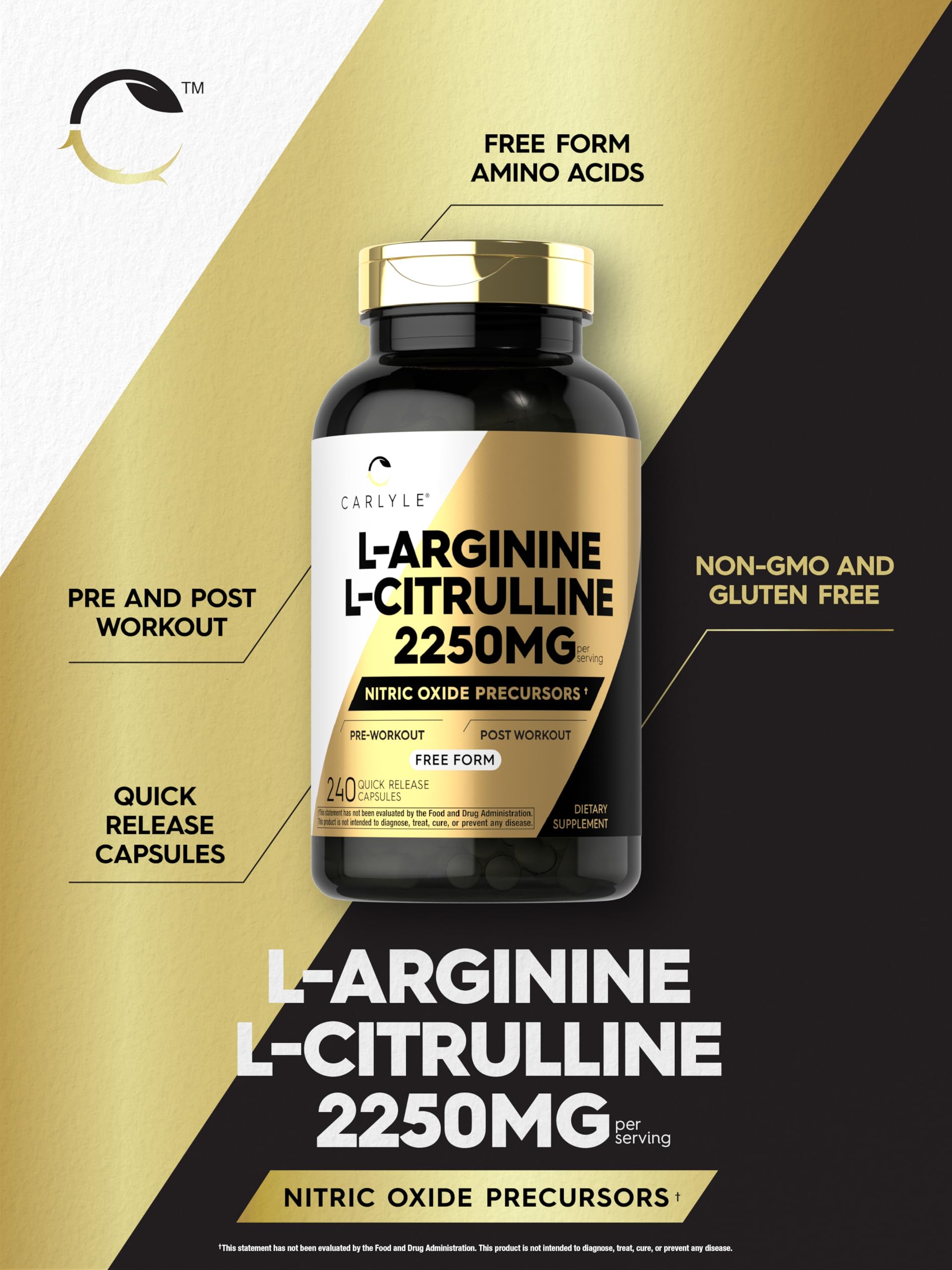 Carlyle L-Arginine L-Citrulline packaging info showing ingredients and quality