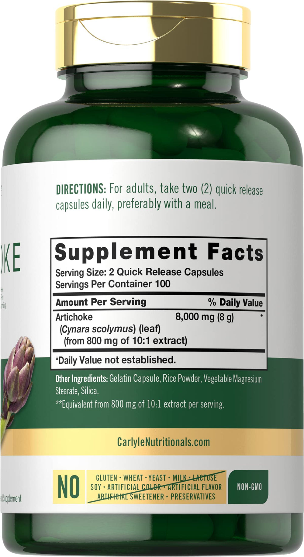 Carlyle Artichoke Extract Capsules label highlights gluten-free and non-GMO status.
