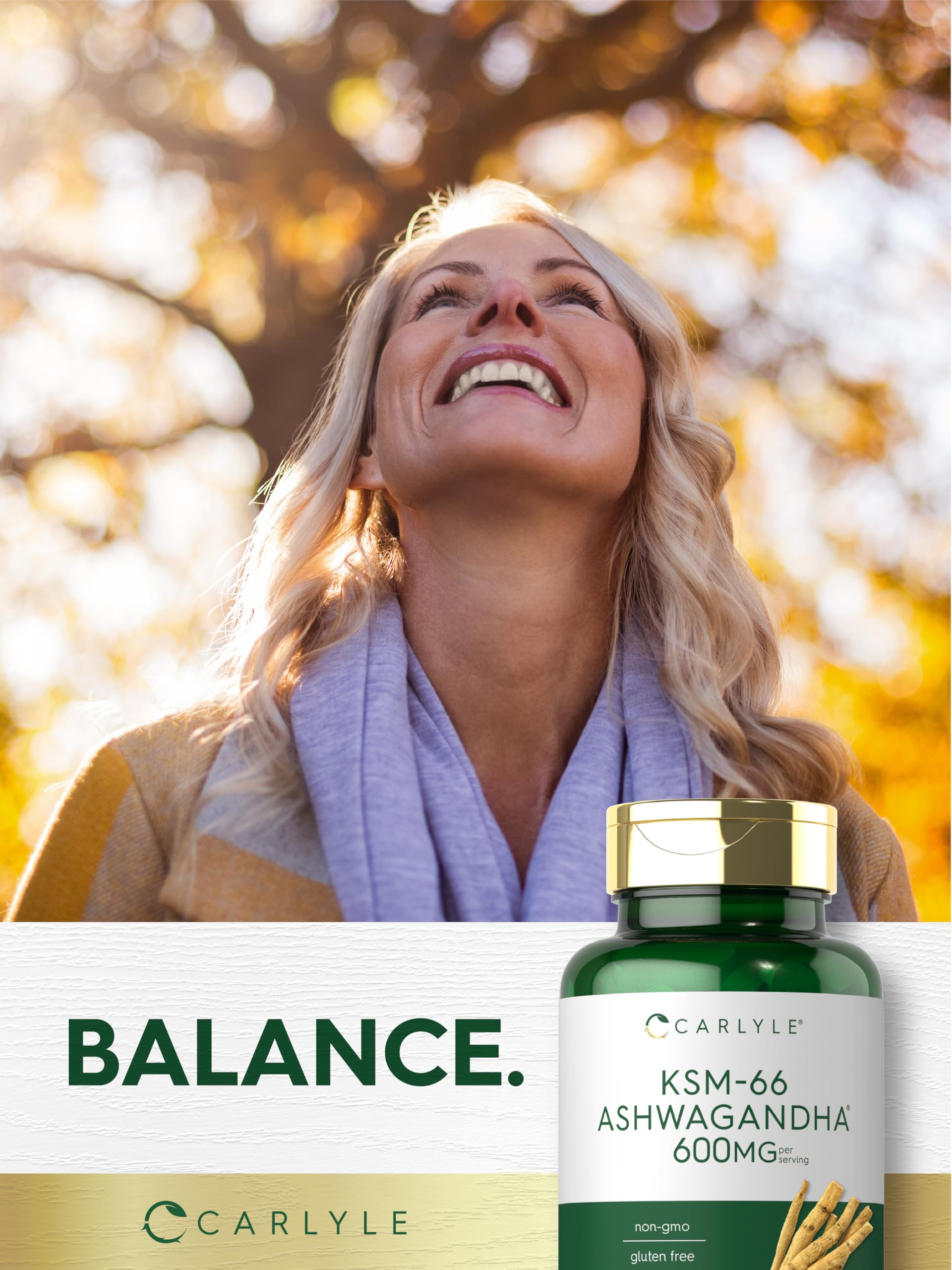 Carlyle KSM-66 Ashwagandha capsules inside bottle visible.