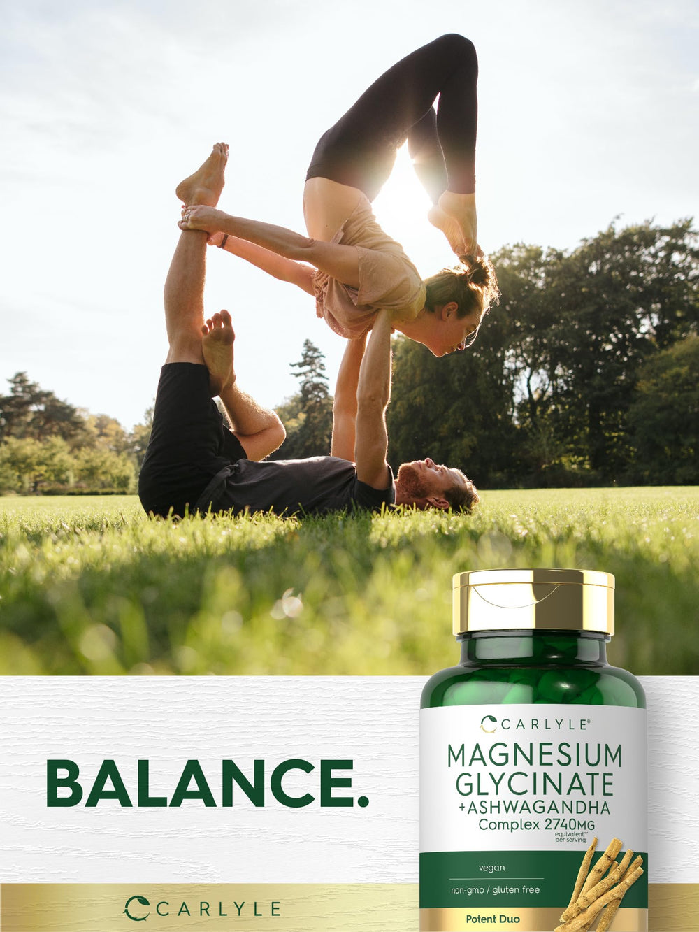 Carlyle Ashwagandha root visual reinforces adaptogenic blend.