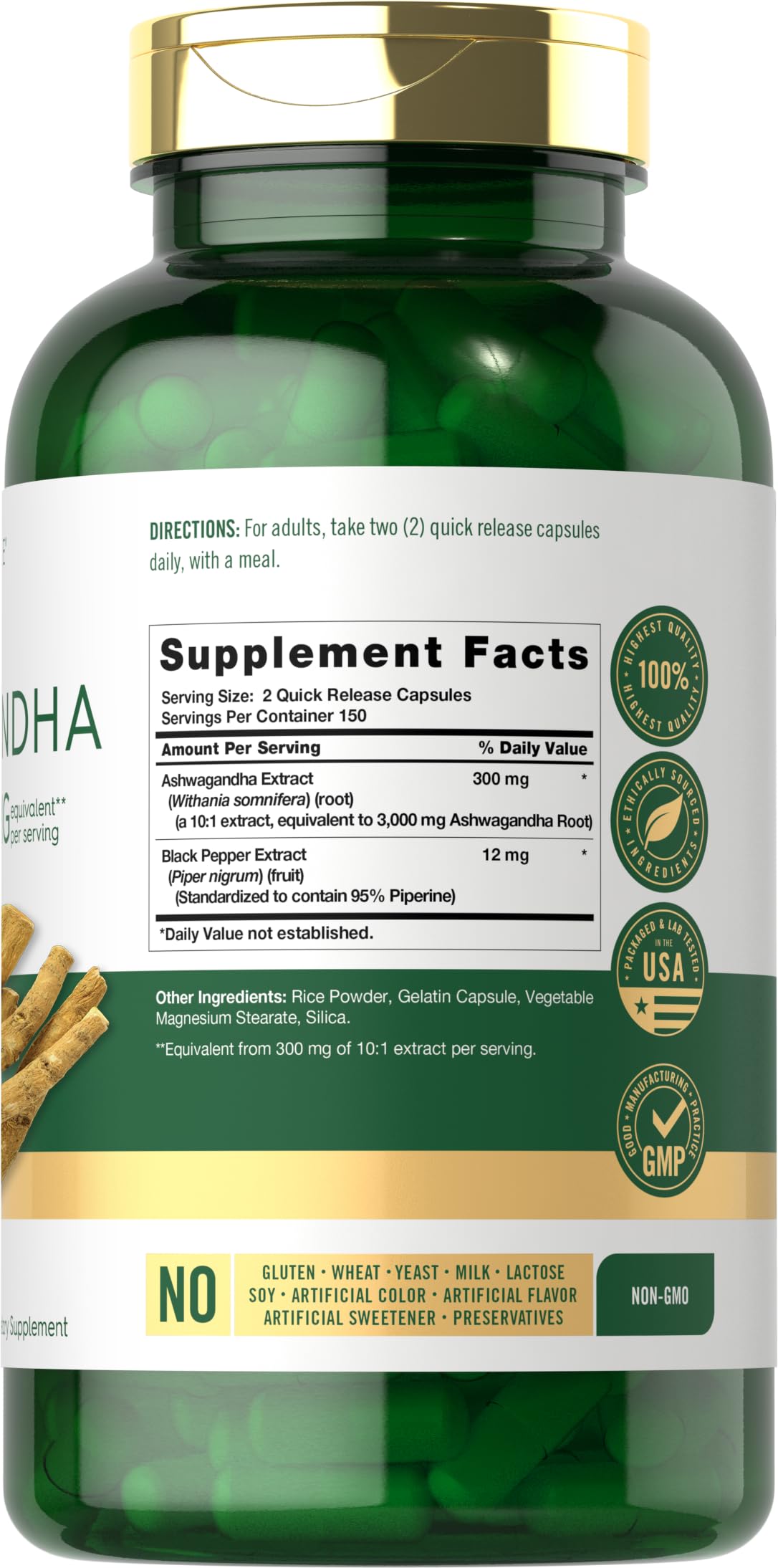 Carlyle Ashwagandha bottle label closeup shows premium formula.