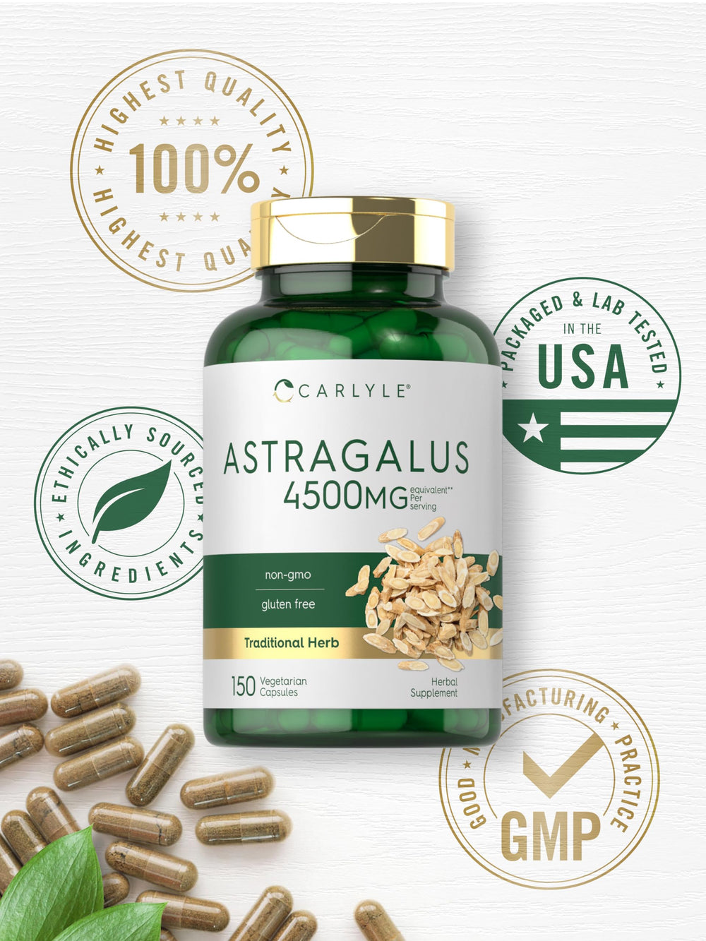 Carlyle Astragalus root capsules in hand for convenient daily supplement