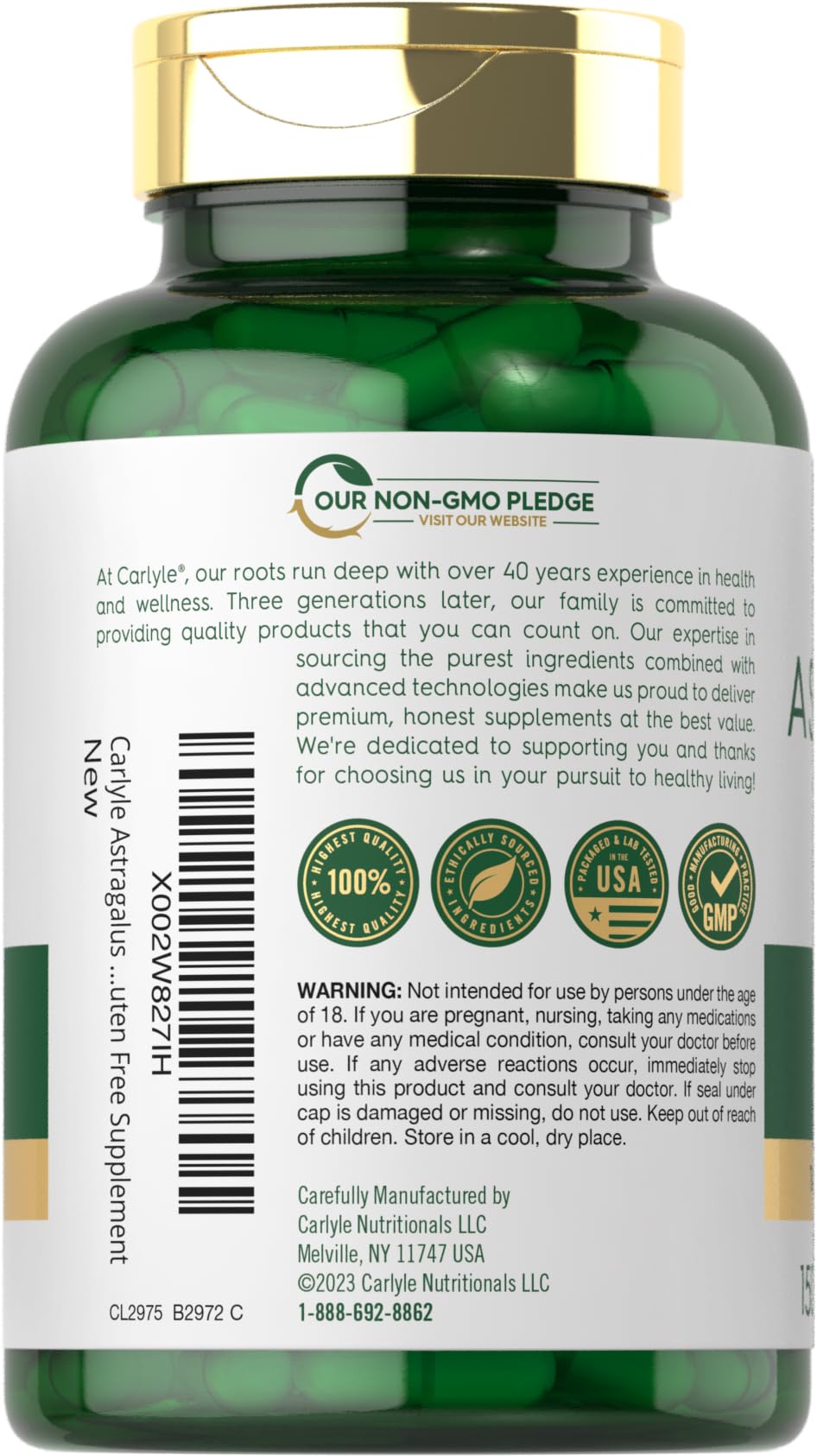 Carlyle Astragalus root label details gluten-free and non-GMO vegetarian capsules