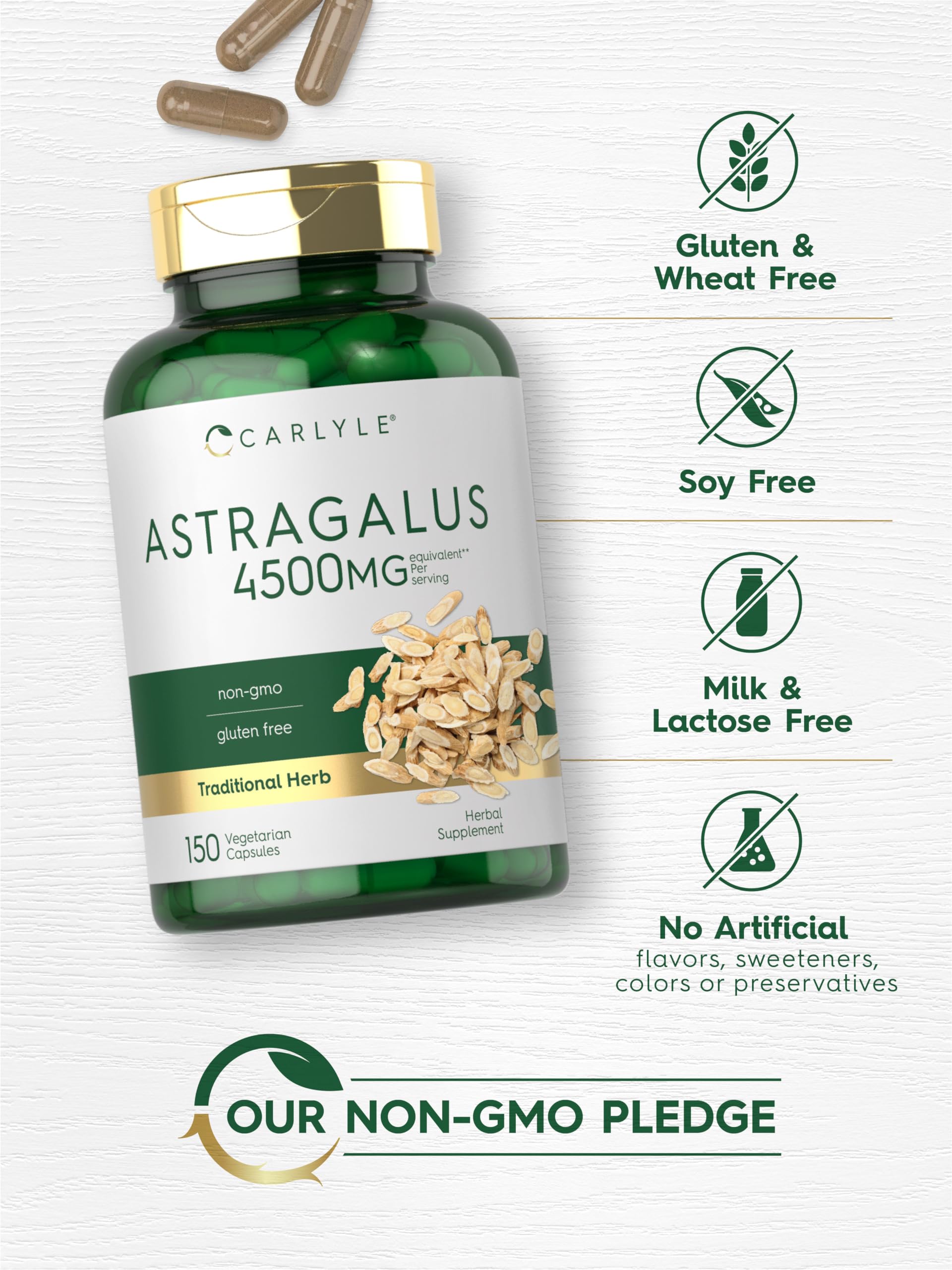 Packaging front highlights 4500mg strength per serving of Carlyle Astragalus