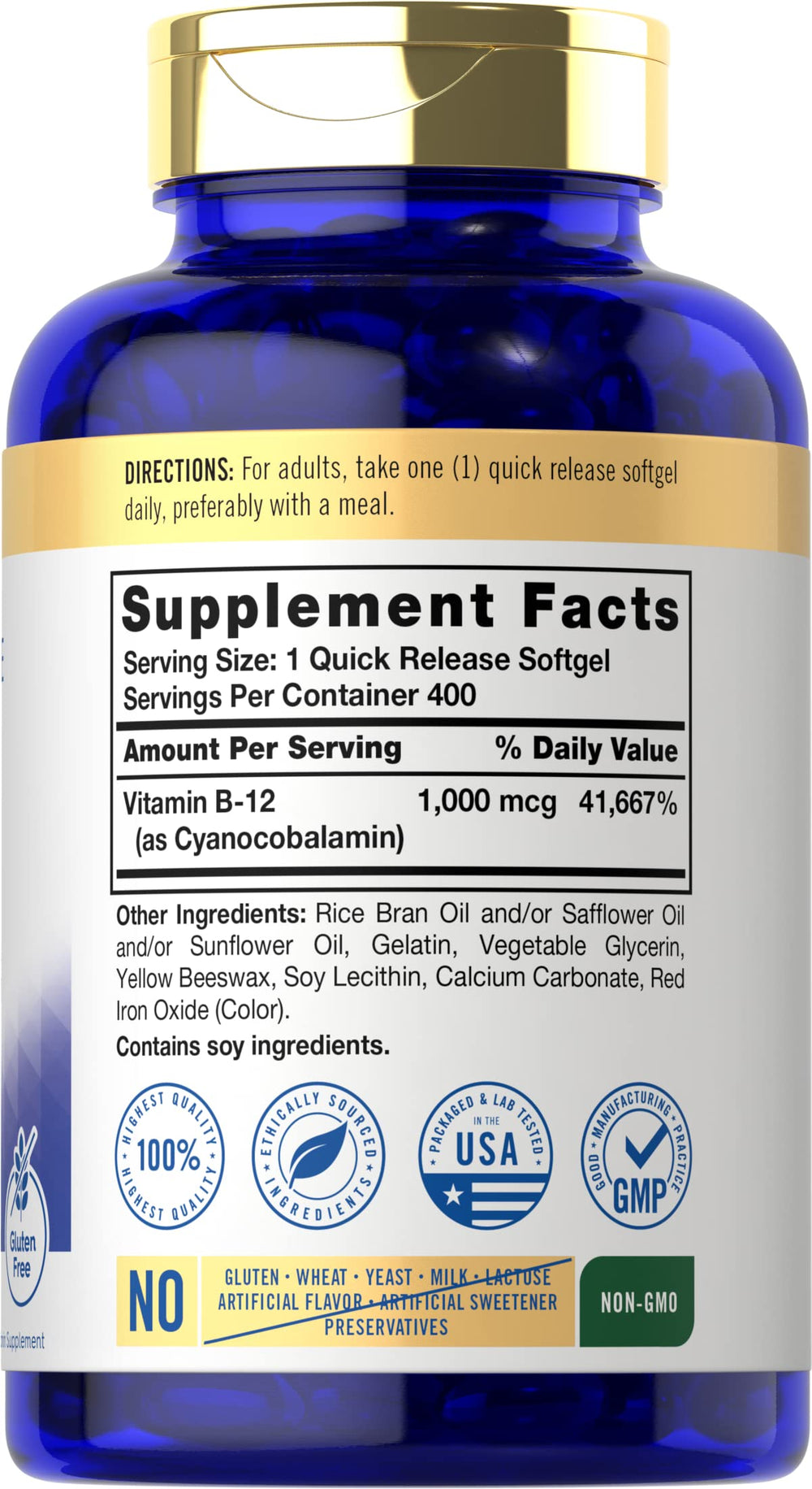 Close-up of Carlyle B12 1000 mcg softgels highlighting quick-release design