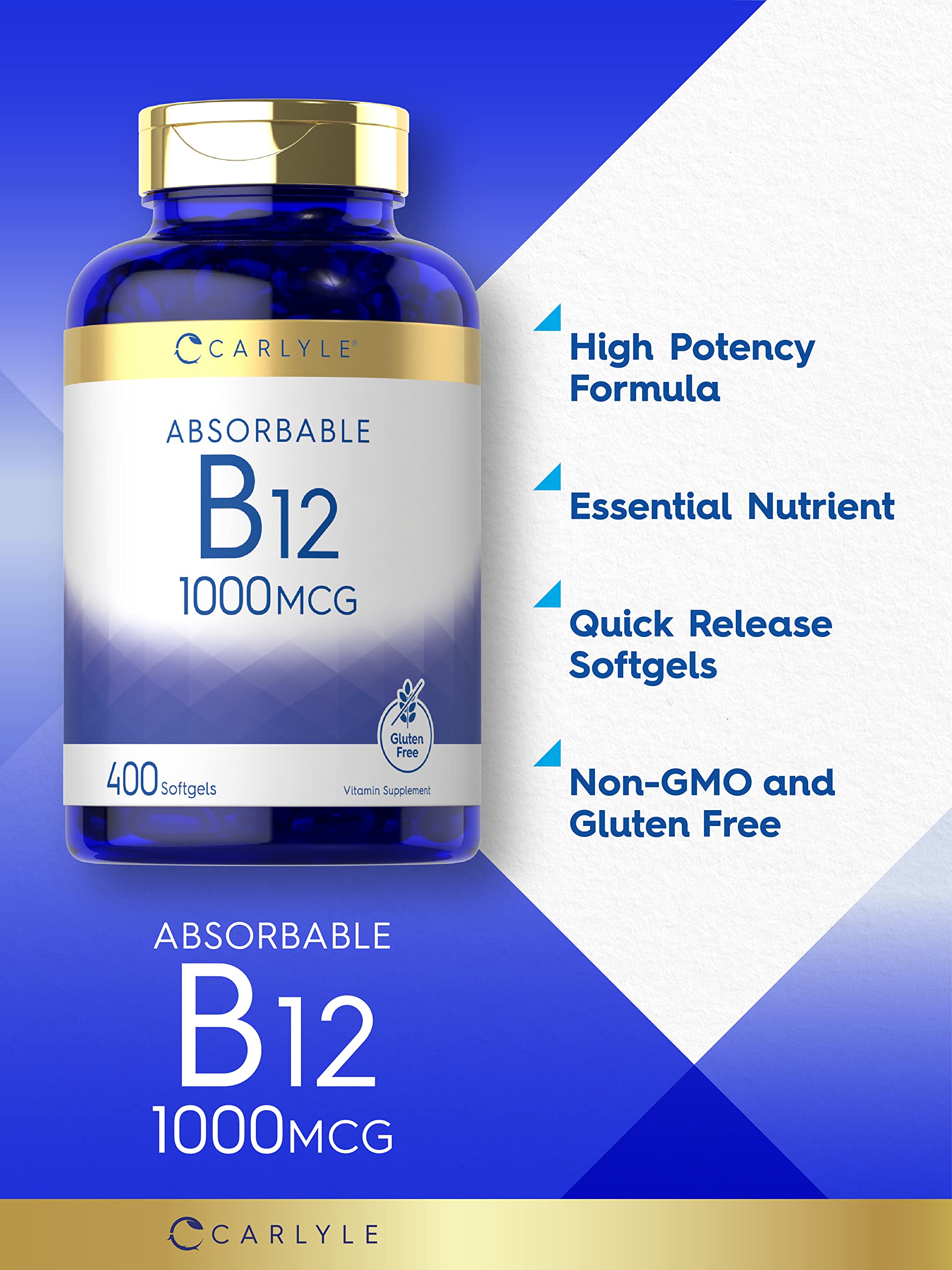 Label on Carlyle B12 bottle shows non-GMO and gluten-free features