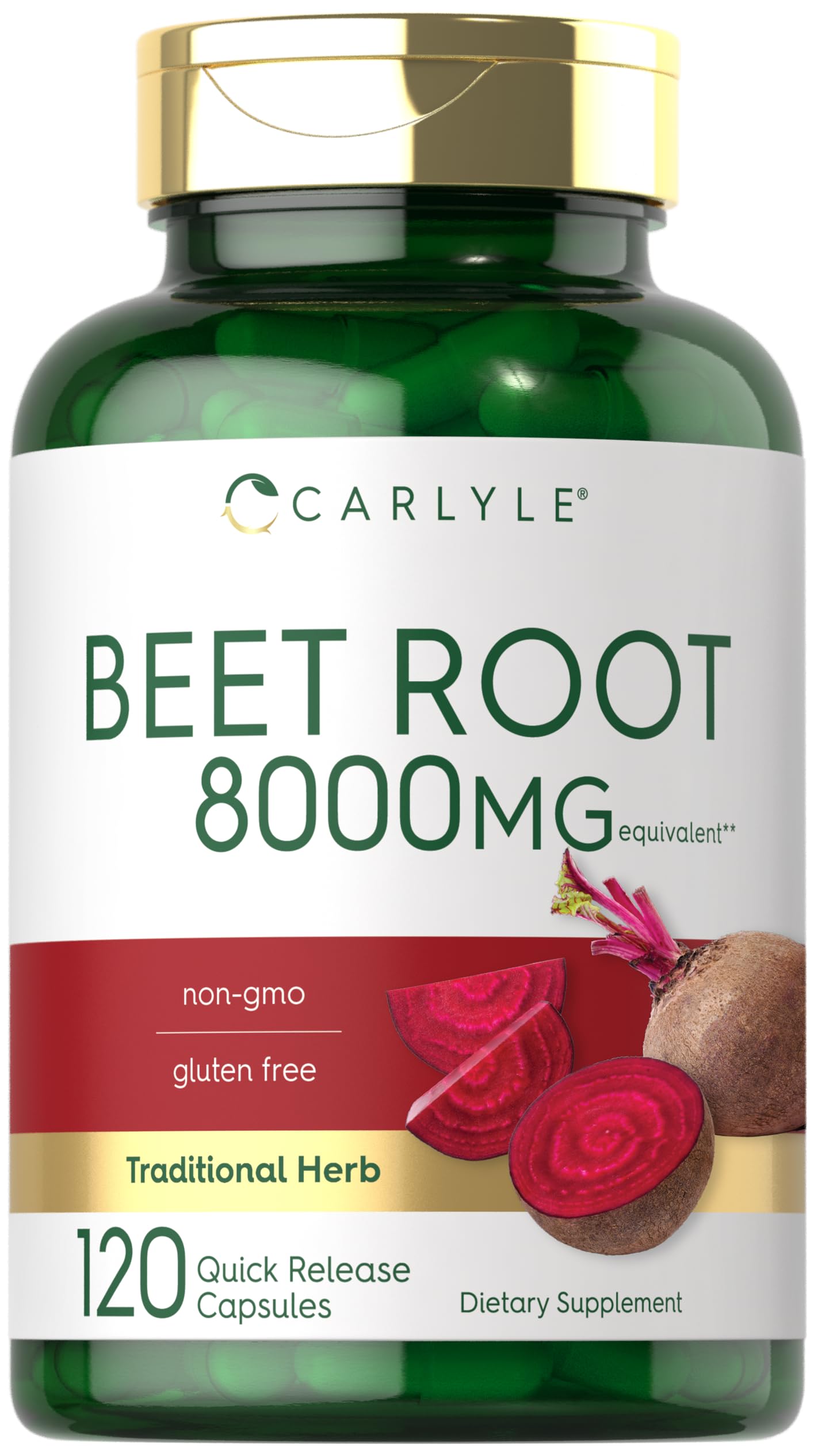 Carlyle Beet Root capsules on bottle front highlight high potency for daily energy.
