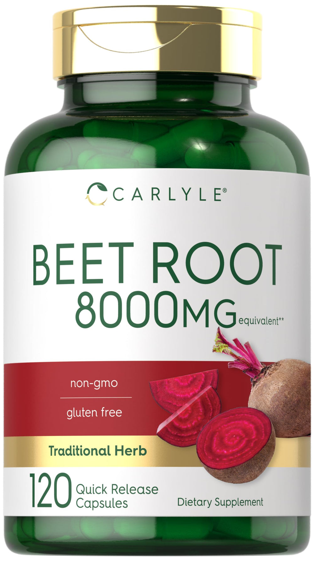Carlyle Beet Root capsules on bottle front highlight high potency for daily energy.