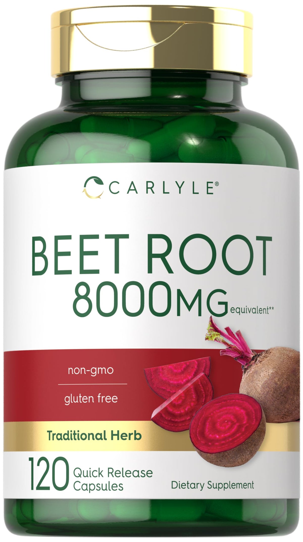 Carlyle Beet Root capsules on bottle front highlight high potency for daily energy.