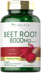 Carlyle Beet Root capsules on bottle front highlight high potency for daily energy.