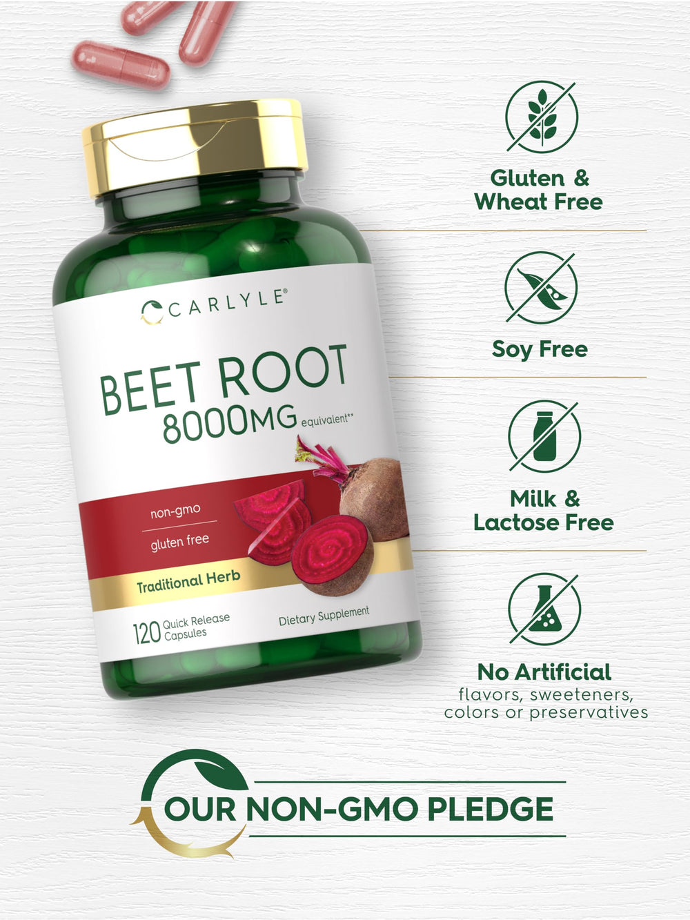 Gluten-free and non-GMO Carlyle Beet Root packaging is visible.