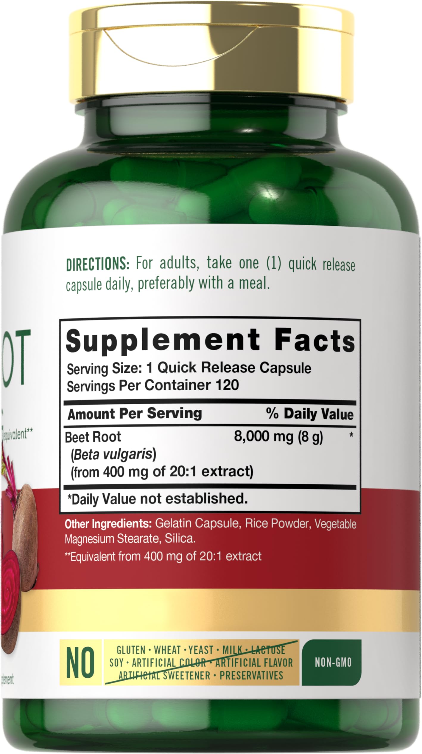 Carlyle Beet Root label close-up shows non-GMO and gluten-free promise.