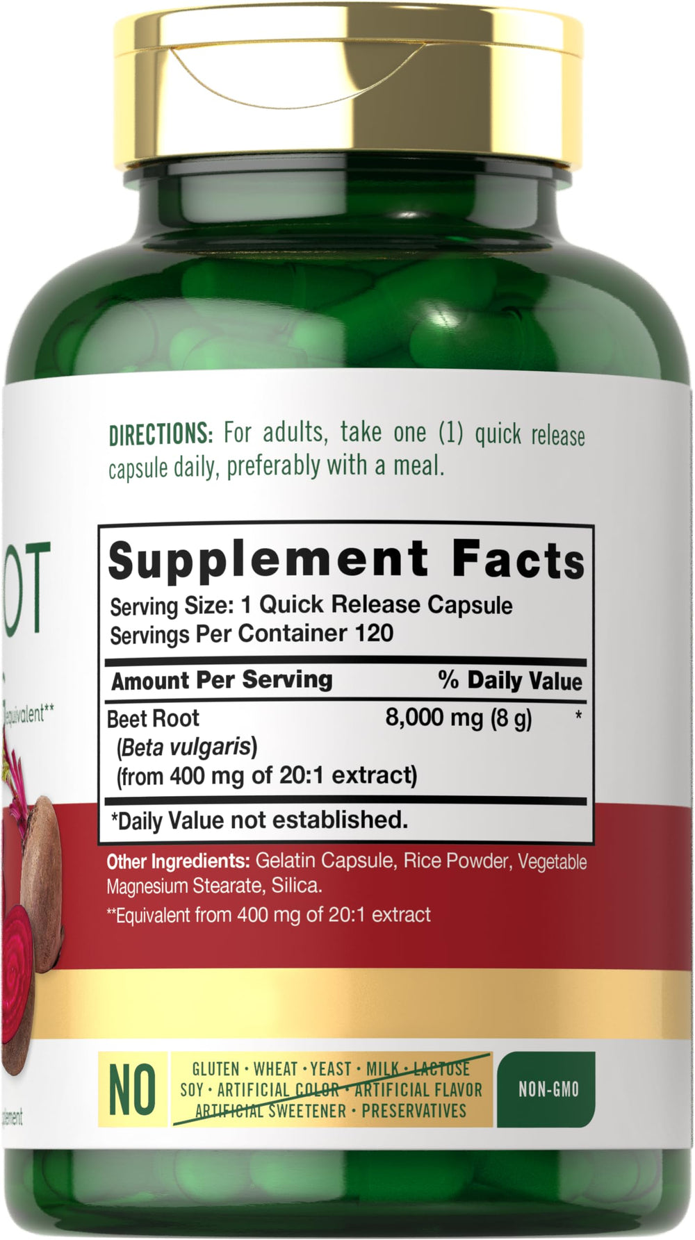 Carlyle Beet Root label close-up shows non-GMO and gluten-free promise.