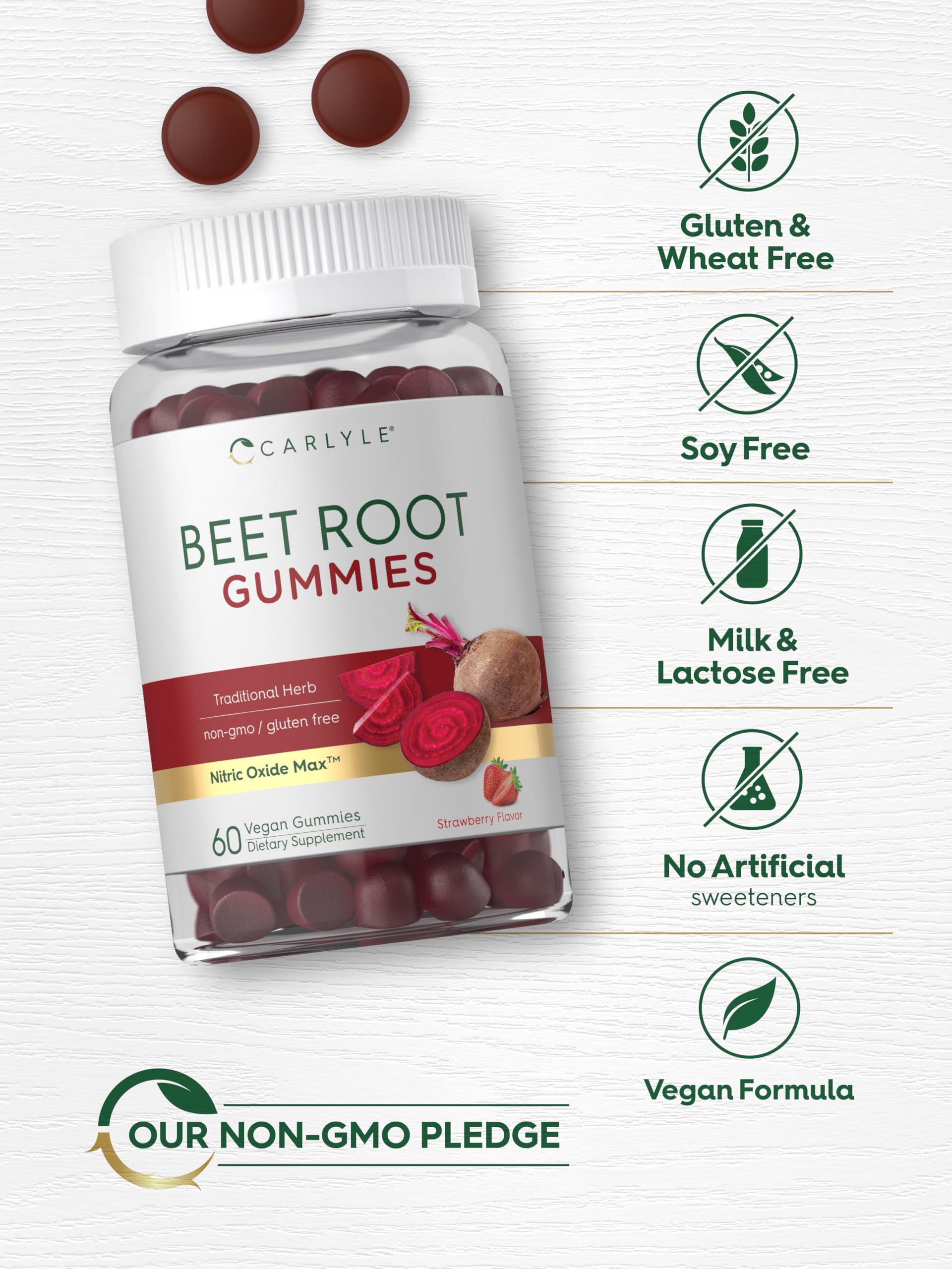 Carlyle Beet Root Gummies gluten-free label, gluten-free and non-GMO.