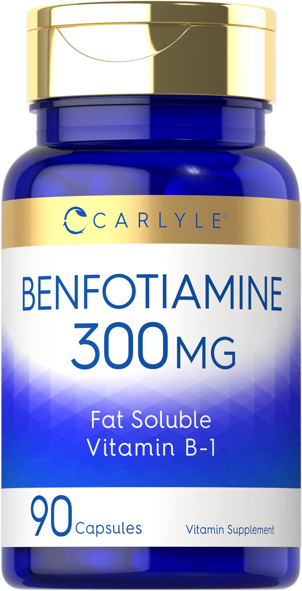 Carlyle Benfotiamine 300mg bottle cap close-up for daily wellness routines.