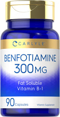 Carlyle Benfotiamine 300mg bottle cap close-up for daily wellness routines.