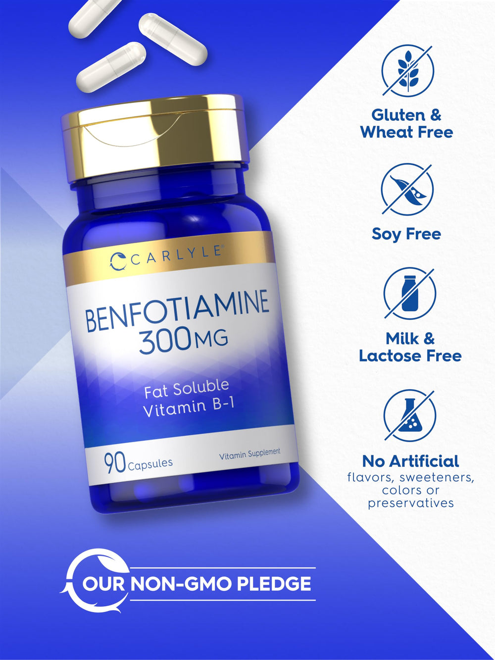 Close-up of capsule, highlighting 300mg Benfotiamine in a clear gel cap.