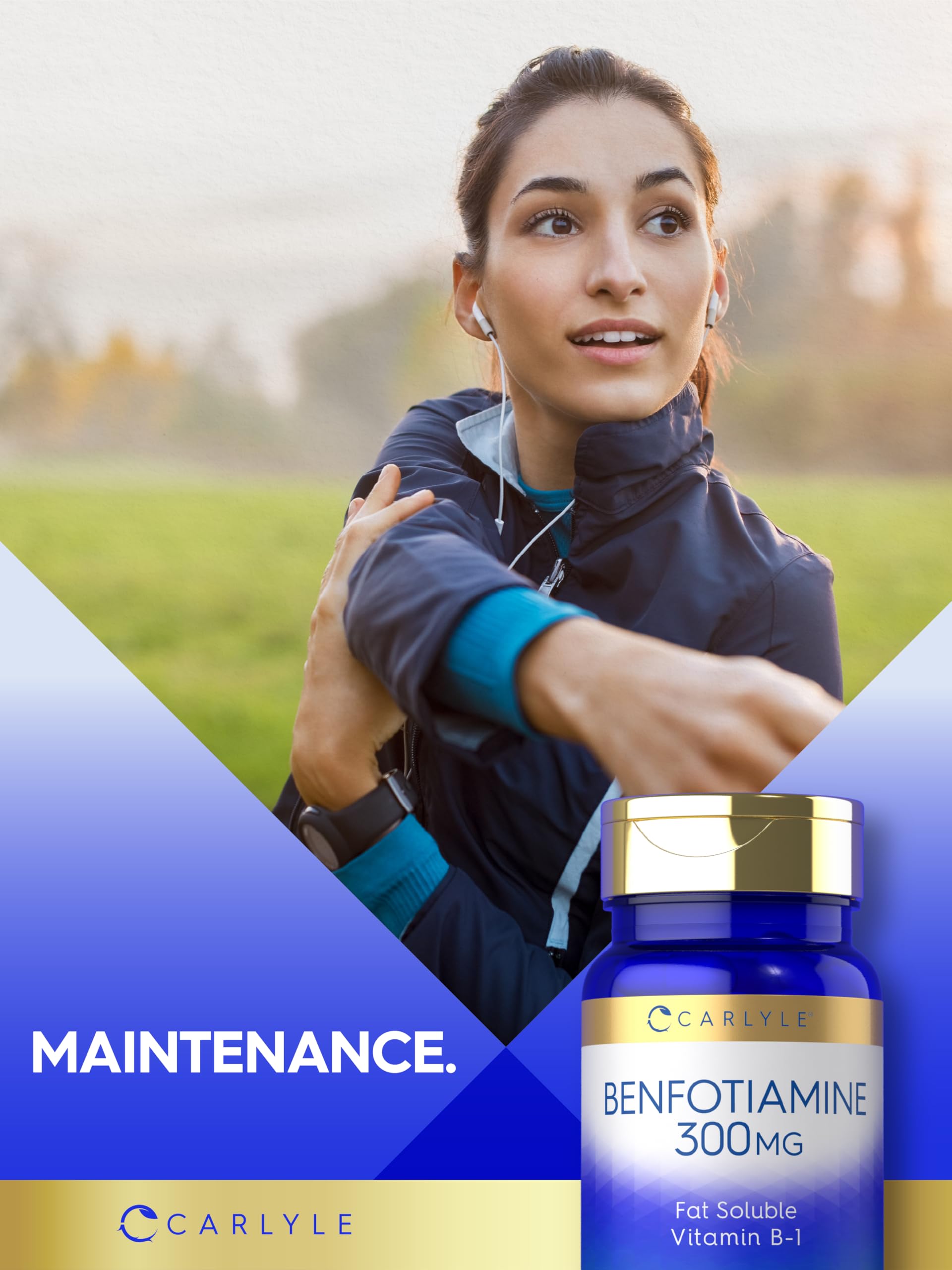 Carlyle Benfotiamine 300mg bottle with soft lighting, emphasizing premium quality.